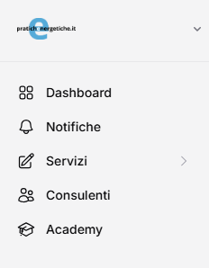 Menu della piattaforma con le icone di Dashboard, Notifiche, Servizi, Consulenti e Academy